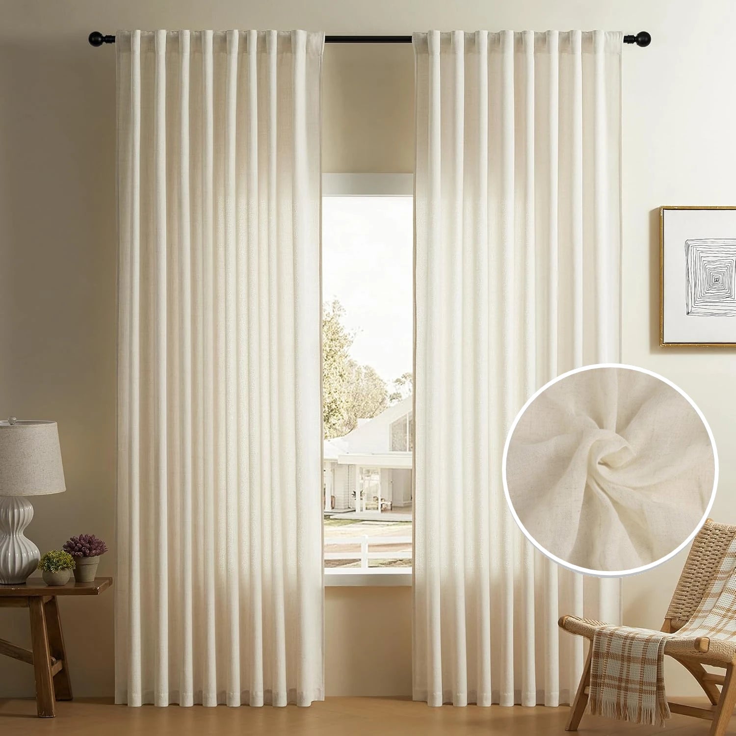 Linen Curtains 160/216/240CM Length for Living Room Bedroom Rod Pocket Light Filtering Semi Window Curtain Boho Farmhouse Drapes
