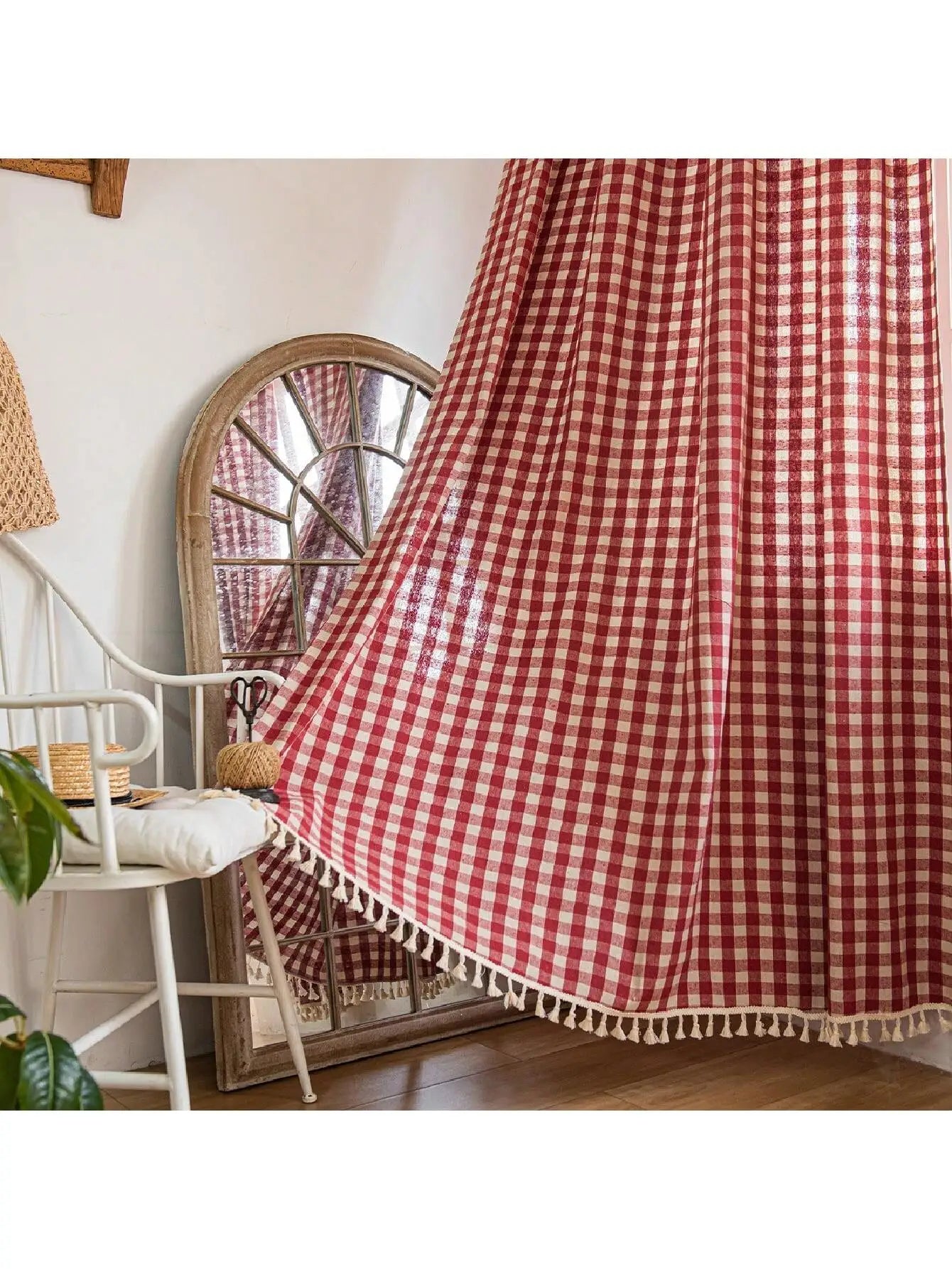 1pc Linen Curtain Red Plaid Cotton Curtains with Tassel  for Bedrooms, Living Rooms and Balconies