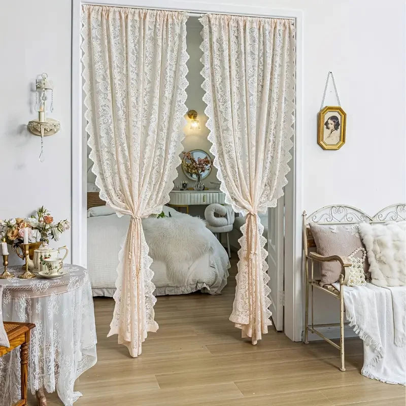 A Classic Light Yellow Lace Embroidered Curtains, Customized Semi-Transparent Curtains with Phoenix Tails, Rod-Type, Machine Washable