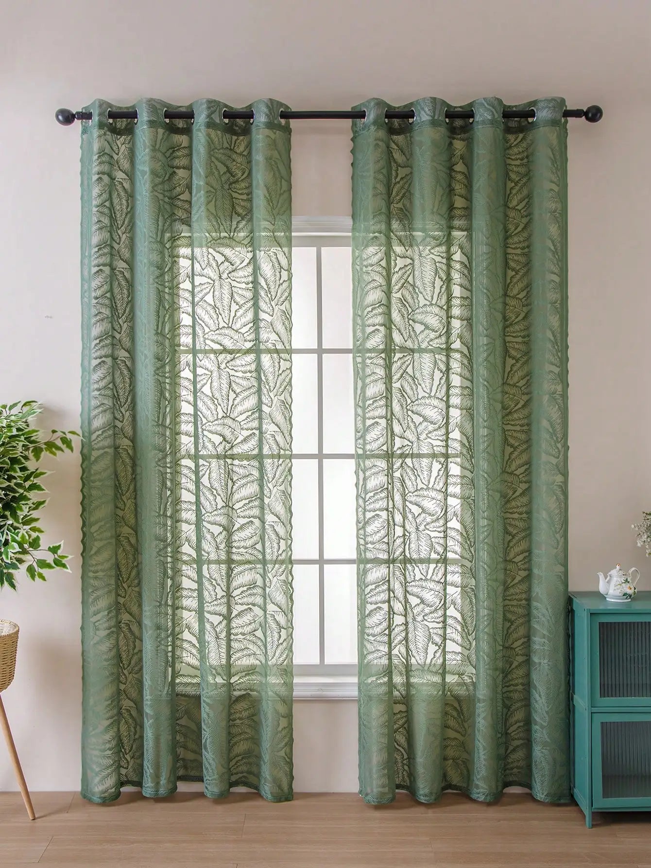 Green large leaf perforated curtains, living room bedroom sheer curtains, rustic style
